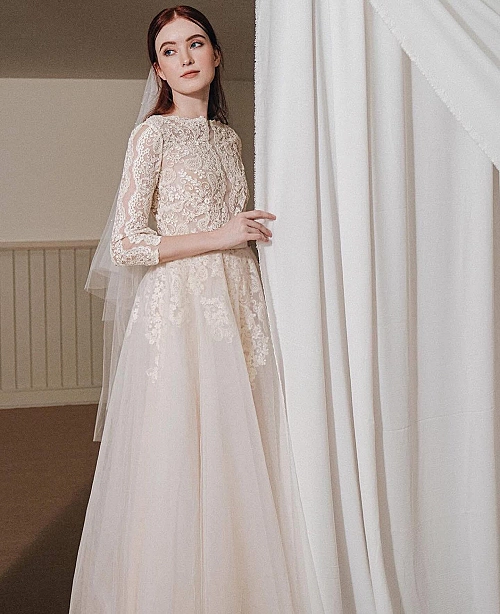 Romantic A-Line Lace Wedding Dress with 3/4 Sleeves & Tulle Skirt |  WeddingGown.com